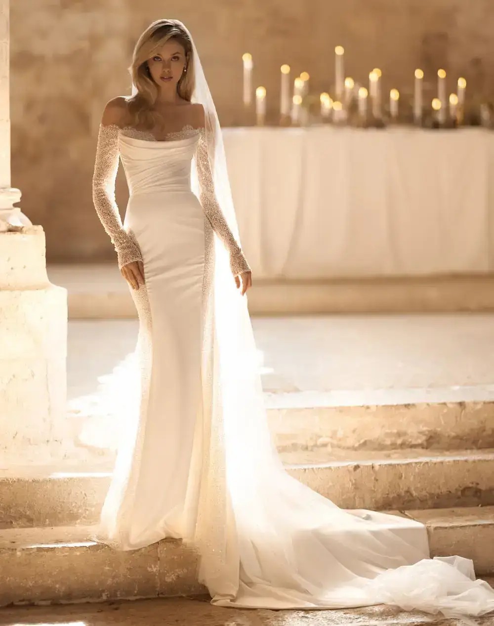 Photo of model wearing a white bridal gown